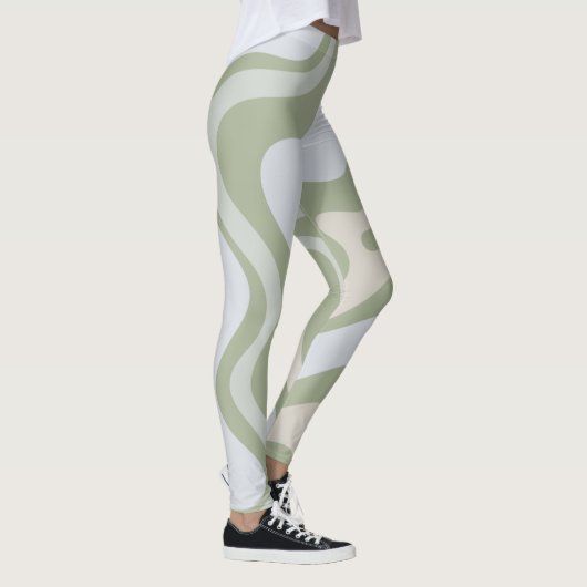 Retro Liquid Swirl Abstract Patroon in Sage Green Leggings (Rechts)
