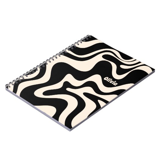 Retro Liquid Swirl Abstract Pattern Black Cream Notitieboek (Linkerzijde)