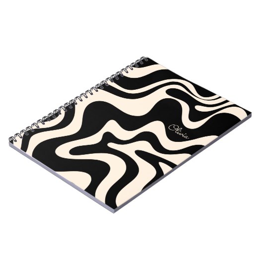 Retro Liquid Swirl Abstract Pattern Black Cream Notitieboek (Linkerzijde)