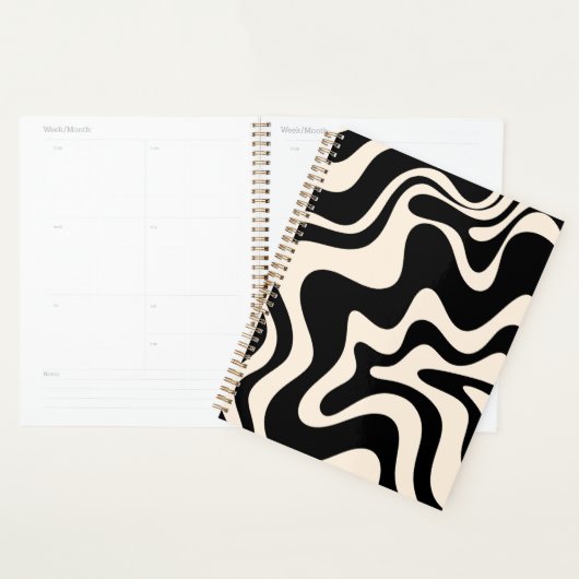 Retro Liquid Swirl Abstract Pattern Black Cream Planner (Display)