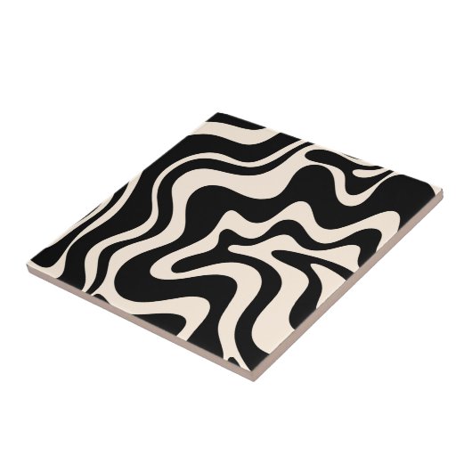 Retro Liquid Swirl Abstract Pattern Black Cream Tegeltje (Zijkant)