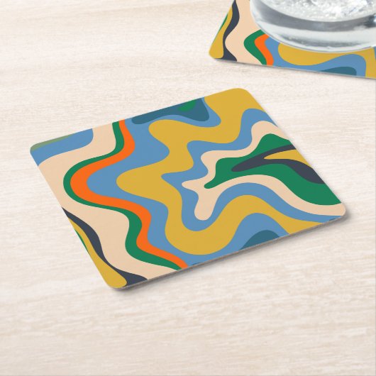 Retro Liquid Swirl Abstract Pattern Blue Mustard Kartonnen Onderzetters (Schuin)