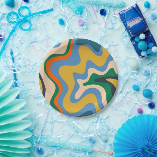 Retro Liquid Swirl Abstract Pattern Blue Mustard Papieren Bordje (Feest)