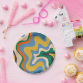 Retro Liquid Swirl Abstract Pattern Blue Mustard Papieren Bordje (Feest)