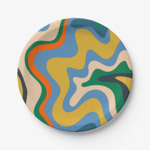 Retro Liquid Swirl Abstract Pattern Blue Mustard Papieren Bordje