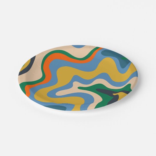 Retro Liquid Swirl Abstract Pattern Blue Mustard Papieren Bordje (Gekanteld)