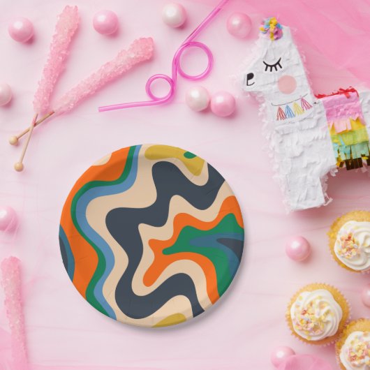 Retro Liquid Swirl Abstract Pattern Blue Oranje Papieren Bordje (Feest)