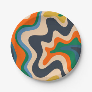 Retro Liquid Swirl Abstract Pattern Blue Oranje Papieren Bordje