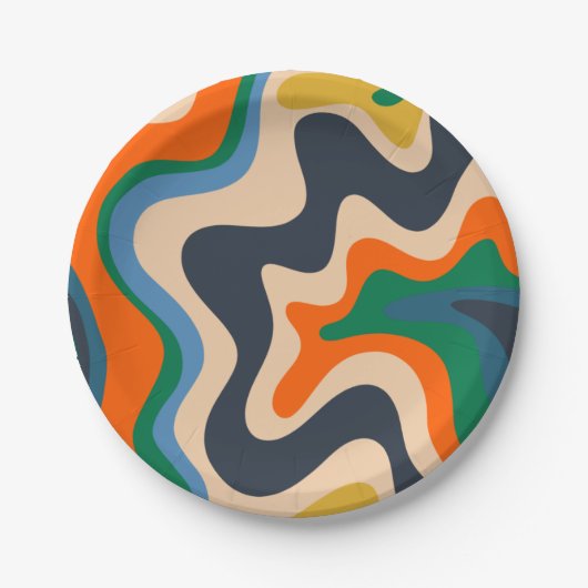 Retro Liquid Swirl Abstract Pattern Blue Oranje Papieren Bordje (Voorkant)