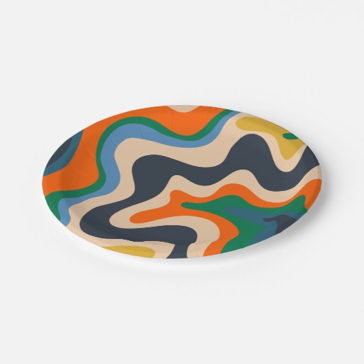 Retro Liquid Swirl Abstract Pattern Blue Oranje Papieren Bordje (Gekanteld)