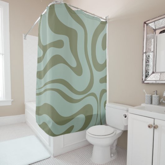 Retro Liquid Swirl Abstract Pattern Celadon Green Douchegordijn (In situ)