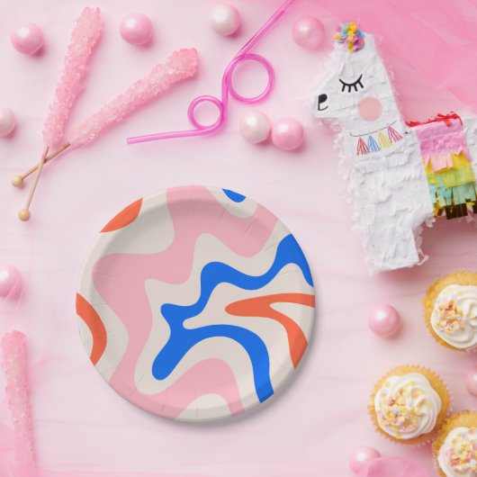 Retro Liquid Swirl Abstract Roze Oranje Blauw Papieren Bordje (Feest)