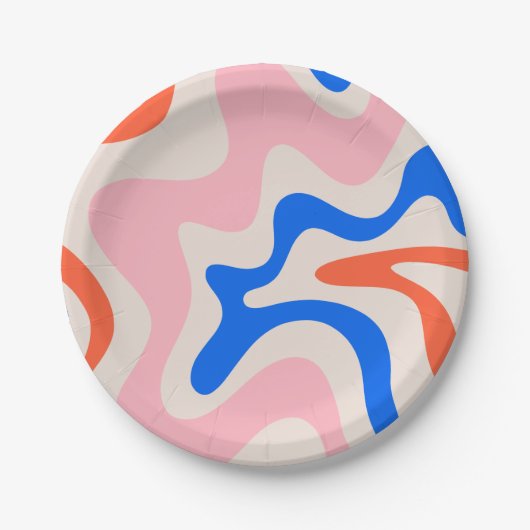 Retro Liquid Swirl Abstract Roze Oranje Blauw Papieren Bordje (Voorkant)