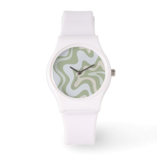 Retro Liquid Swirl Abstracte Patroon in Sage Green Horloge