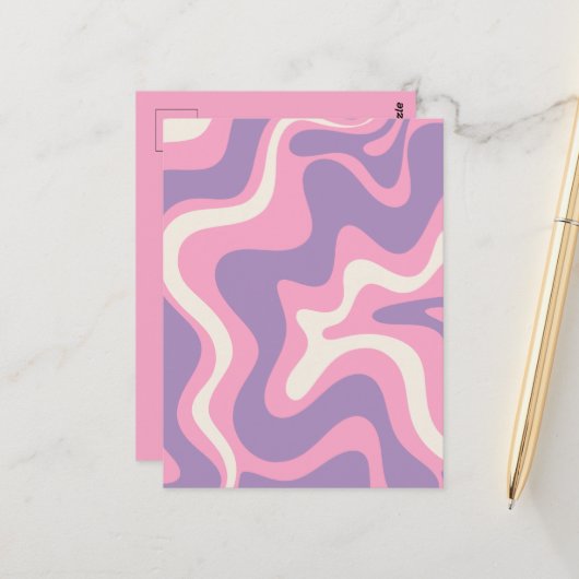 Retro Liquid Swirl Groovy Abstract Paars Roze Briefkaart (Voorkant / Achterkant in situ)