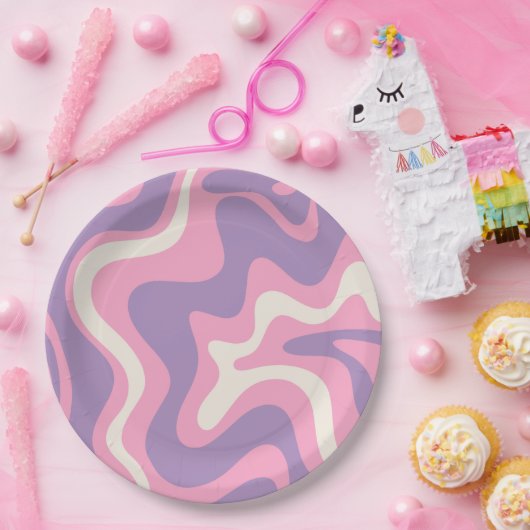 Retro Liquid Swirl Groovy Abstract Paars Roze Papieren Bordje (Feest)