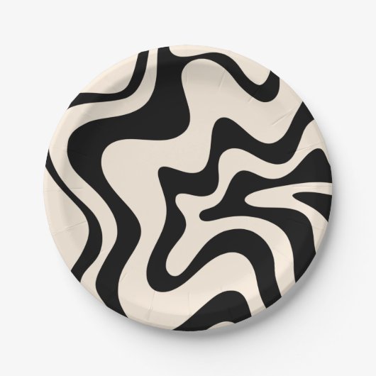 Retro Liquid Swirl Modern Abstract Pattern Black Papieren Bordje (Voorkant)