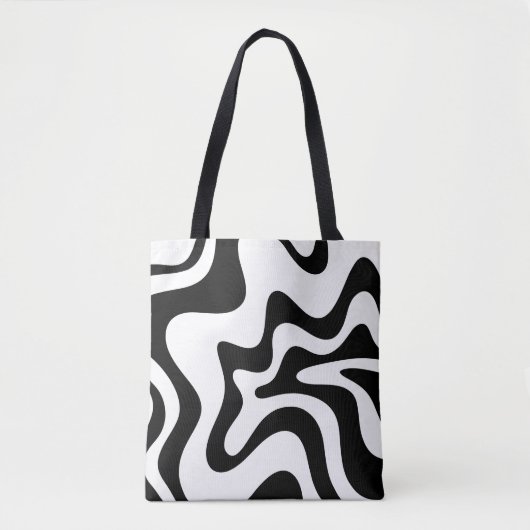 Retro Liquid Swirl Trippy Black en White Abstract Tote Bag (Voorkant)