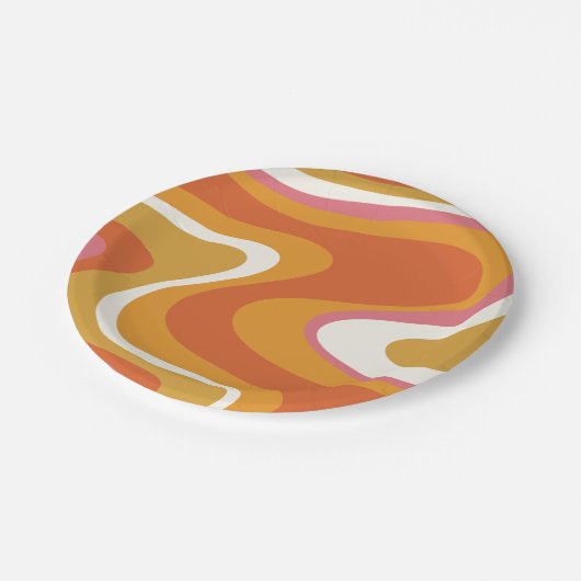 Retro Liquid Swirls Patroon in Oranje Roze Mosterd Papieren Bordje (Gekanteld)