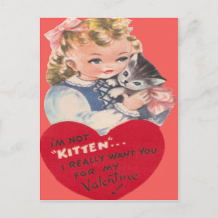  Retro Little Girl & Kitten Valentijn Kaart