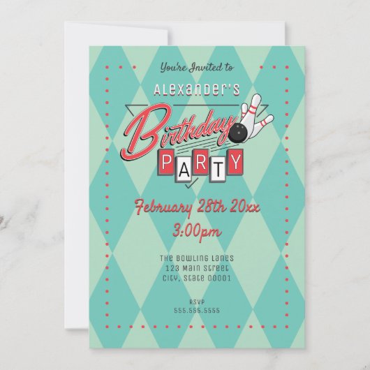 Retro Logo Bowling Birthday Party Invitation Kaart (Voorkant)