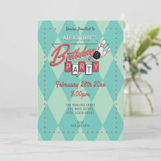 Retro Logo Bowling Birthday Party Invitation Kaart (Staand voorkant)