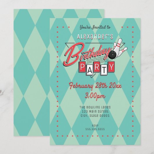 Retro Logo Bowling Birthday Party Invitation Kaart (Voorkant / Achterkant)