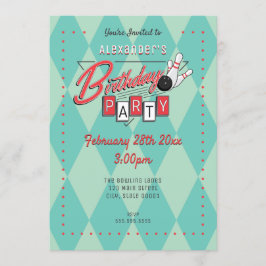 Retro Logo Bowling Birthday Party Invitation Kaart