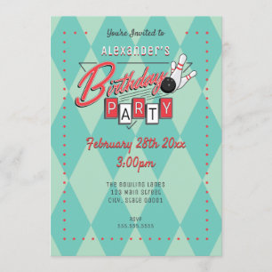 Retro Logo Bowling Birthday Party Invitation Kaart