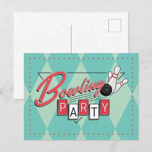 Retro Logo Bowling Feest Postkaart Aankondigingskaart (Voorkant / Achterkant)