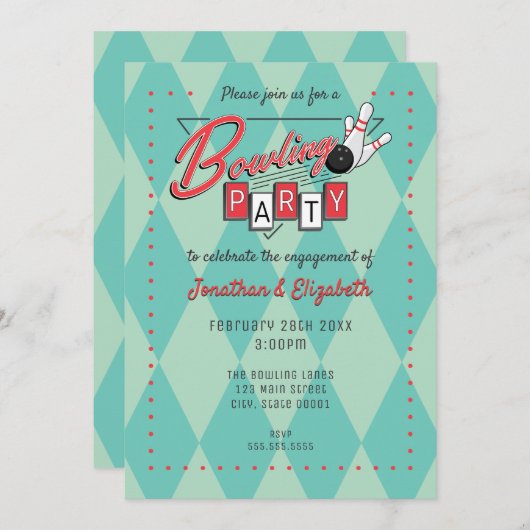 Retro Logo Bowling Feest Uitnodiging (Voorkant / Achterkant)