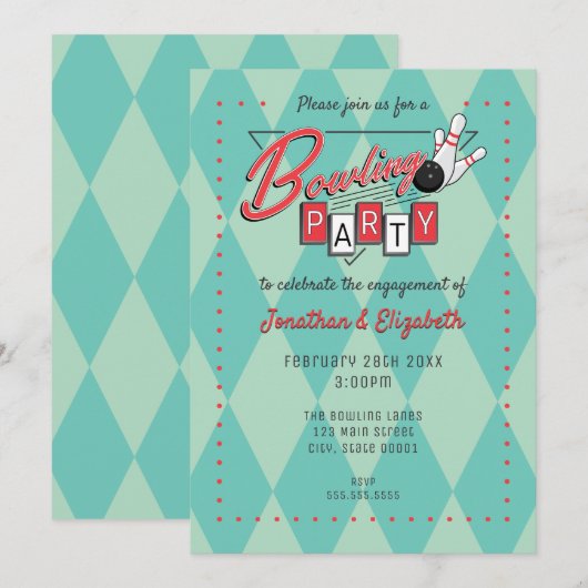 Retro Logo Bowling Party Uitnodiging (Voorkant / Achterkant)