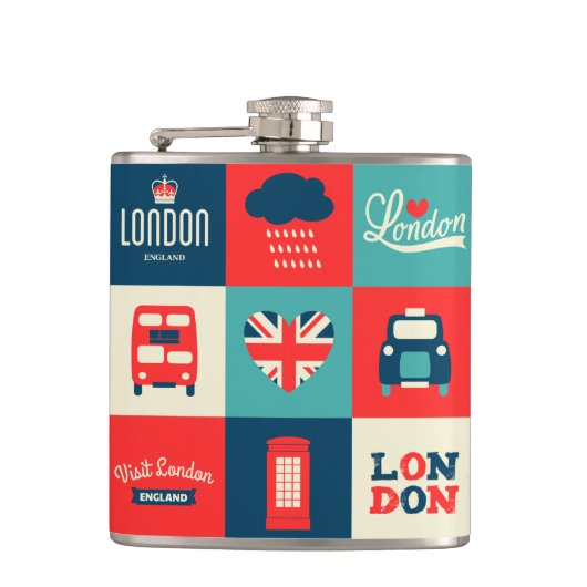 Retro London Collage Flask Heupfles (Voorkant)