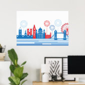 Retro London Skyline met Fireworks Poster (Thuiskantoor)