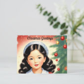 Retro Look Christmas Briefkaart met meisje (Staand voorkant)