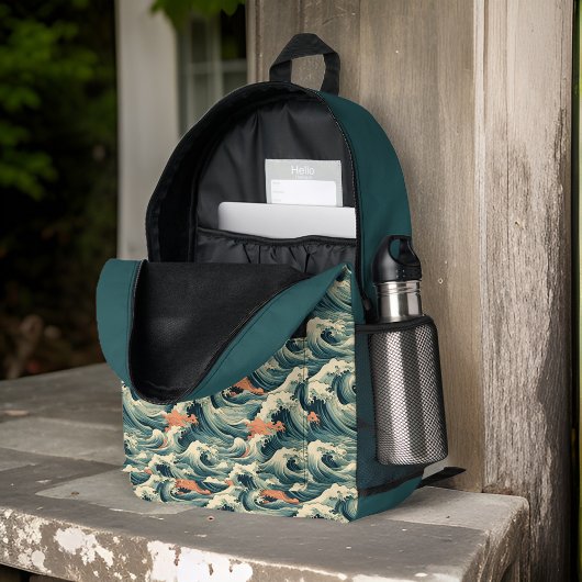 Retro look groen Japans geïnspireerd golven monogr Bedrukte Rugzak