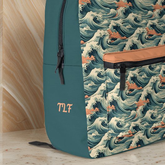 Retro look groen Japans geïnspireerd golven monogr Bedrukte Rugzak