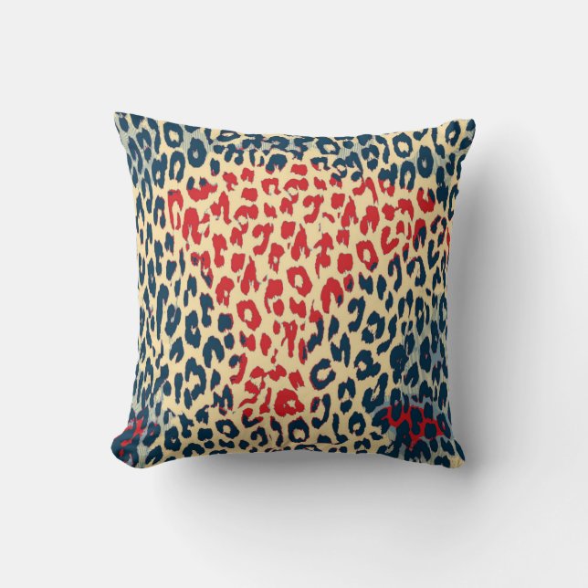 Retro Lopard Print Skin (rood, blauw, cornsilk) Kussen (Voorkant)