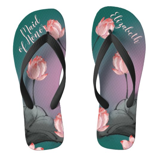 Retro Lotus Flowers Wedding Personalized Teenslippers (Voetbed)