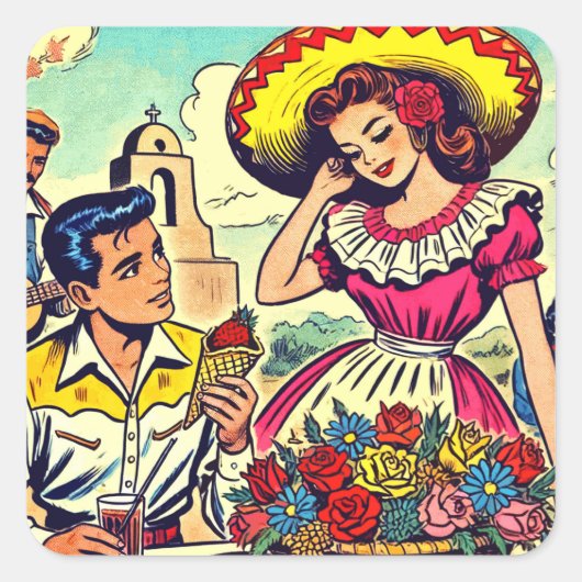 Retro Love Couple Comic Vierkante Sticker (Voorkant)