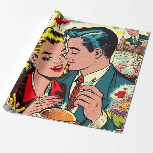 Retro Love Couple Comics Cadeaupapier (Uitgerold)