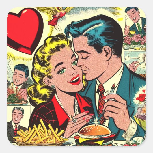 Retro Love Couple Comics Vierkante Sticker (Voorkant)