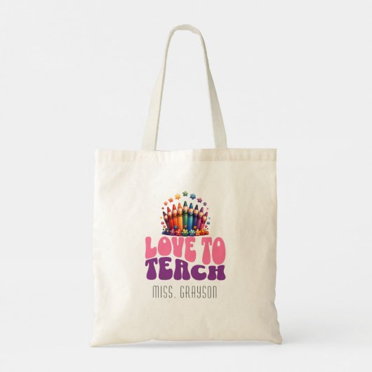 Retro 'Love to Teach' Crayon Ontwerp Leraar Naam Tote Bag (Achterkant)
