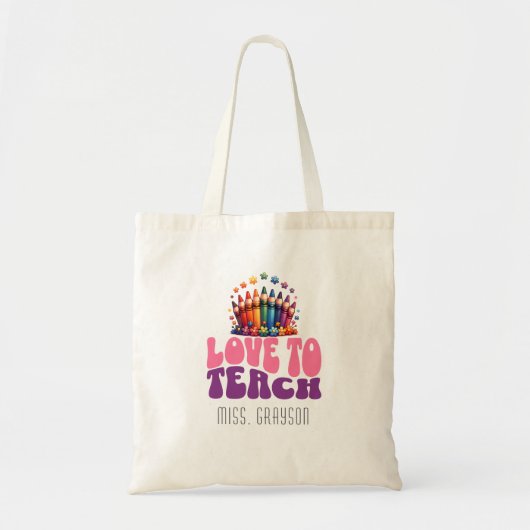 Retro 'Love to Teach' Crayon Ontwerp Leraar Naam Tote Bag (Voorkant)