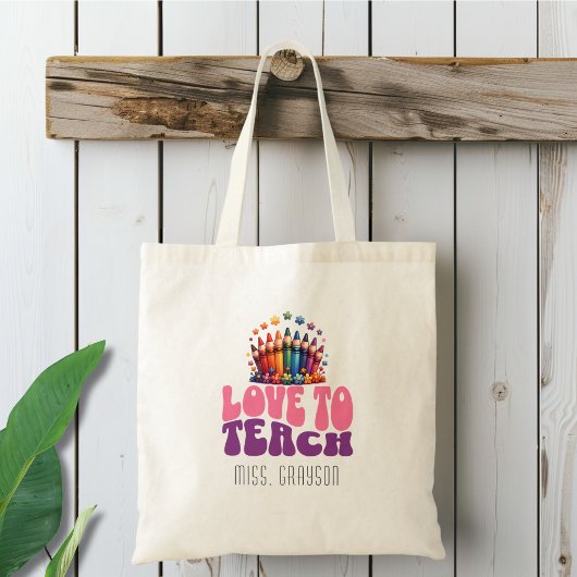 Retro 'Love to Teach' Crayon Ontwerp Leraar Naam Tote Bag