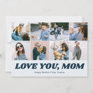 Retro Love You Mom 12 Photo Collage Blue Feestdagenkaart