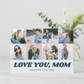Retro Love You Mom 12 Photo Collage Blue Feestdagenkaart (Staand voorkant)