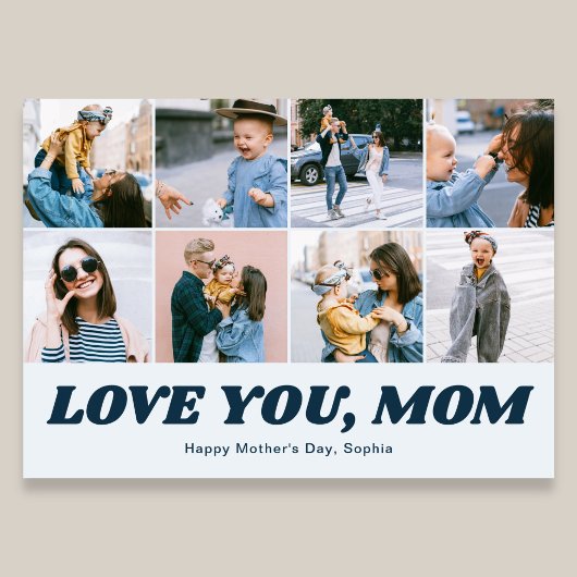 Retro Love You Mom 12 Photo Collage Blue Feestdagenkaart