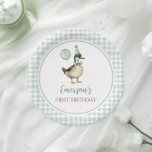Retro Lucky Duck Sage Green Gingham 1e verjaardag Papieren Bordje