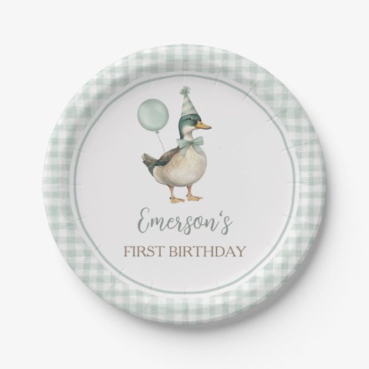 Retro Lucky Duck Sage Green Gingham 1e verjaardag Papieren Bordje (Voorkant)
